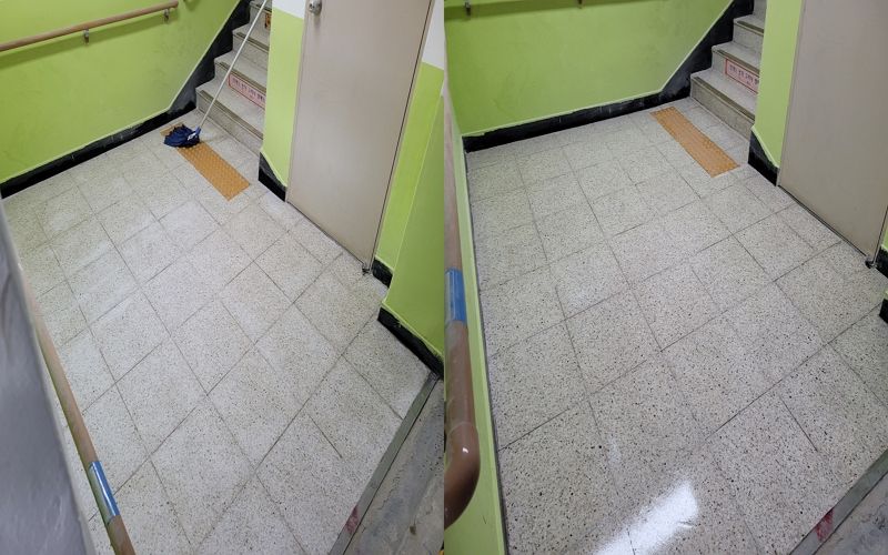 파주 덕암 초등학교 테라조 계단 연마 후 코팅 과 신주논슬립 광택 작업 사진 2